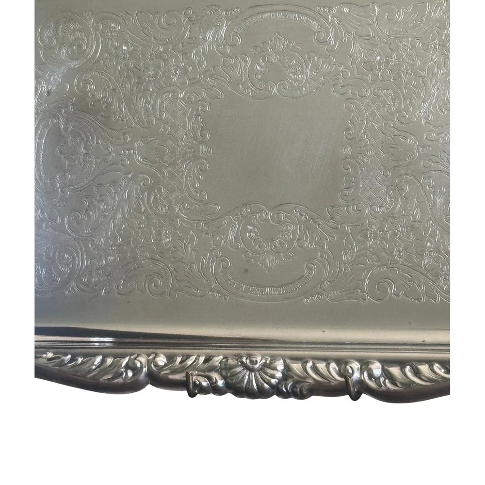Vintage Vintage Silver Plate Rectangular Serving Tray Etched Scroll Shells